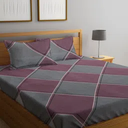 Myntra Elegant Homes Purple & Grey Geometric Printed Fitted 300 TC Super King Bedsheet with 2 Pillow Covers-image-3