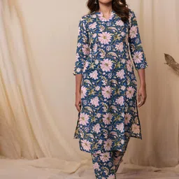 Sun Fashion And Lifestyle Floral Printed Notch Neck Straight Kurta With Trousers-picture-44