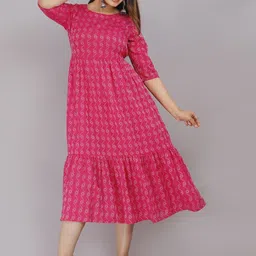 Jollity Geometric Printed Gathered or Pleated Cotton Fit & Flare Midi Dress-image-82