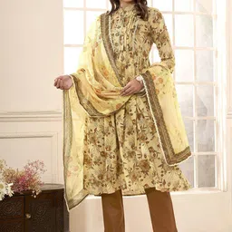 Anouk Yellow & Brown Floral Printed Pure Cotton Anarkali Kurta with Trousers & Dupatta-picture-40