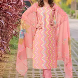 DIVASTRI Women Chevron Printed Regular Straight Kurtas & Trousers With Dupatta-picture-5