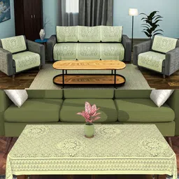Aura Cream-Coloured 11 Pieces Floral Design Cotton Sofa Covers & Center Table Cover-image-73