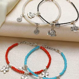 anouk Set of 4 Silver Elephant,Flowerbutterfly,Circle & Cocoon Charms Beaded Handcrafted Anklets-picture-40