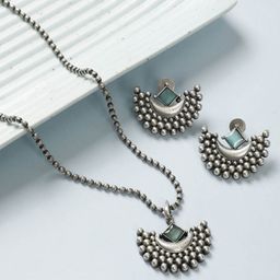 VIVAZS Silver-Plated Stone Studded Oxidized Jewellery Set-17