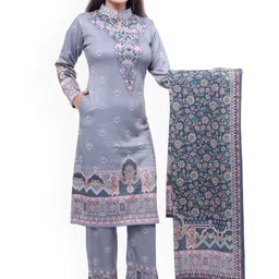 WOOL 4U Ethnic Motifs Printed Mandarin Collar Straight Kurta With Trousers & Dupatta-16