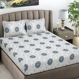 Myntra Elegant Homes White & Grey Floral Printed 300 TC King Bedsheet Set 2.50 m X 2.25 m-9