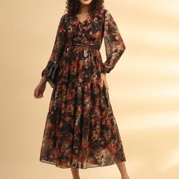 Justin Whyte Floral Print Bell Sleeve Georgette Empire Midi Dress-picture-16