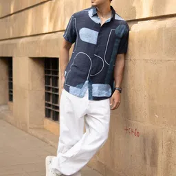Powerlook Men Navy Abstract Structure Print Shirt image 4