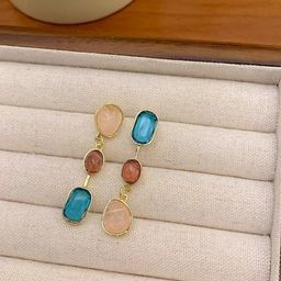 PASU FASHION Gold-Plated Artificial Stones Studded Contemporary Drop Earrings-33
