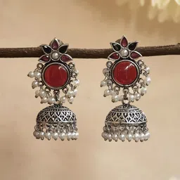 NAMAN ARTS Silver-Plated Artificial Stones Studded & Beaded Oxidised Dome Shaped Jhumkas-3