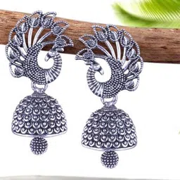 MEENAZ Set Of 5 Silver-Plated Peacock Shaped Oxidised Jhumkas-53