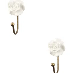 IndianShelf White & Gold Toned 2 Pieces Rose Textured Ceramic Wall Hooks-13