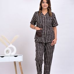 asami Women Night Suit Set Brown Printed-picture-0