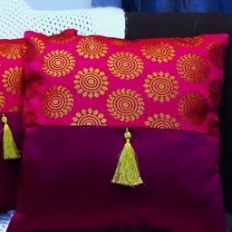 HOME9INE Red And Gold 2 Pieces Floral Printed Square Cushion Covers-3