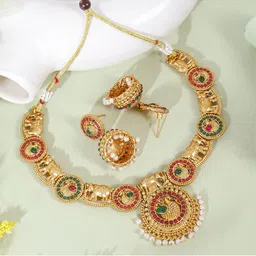 JANAVI Gold-Plated Artificial Stone-Studded And Beaded Temple Jewellery Set-50