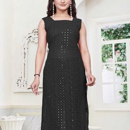PARROT CREATION Paisley Chikankari Sequinned Square Neck Sleeveless Straight Kurta-image-23