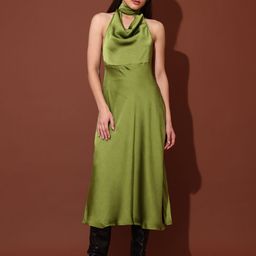 PURVAJA Women Cowl Neck Satin Fit & Flare Midi Dress-image-17