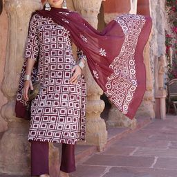 Taavi Geometric Printed Batik Straight Kurta with Trouser & Dupatta-6