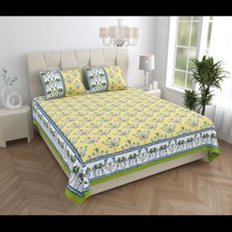 JAIPUR FABRIC Yellow & Green Floral King Bedsheet with 2 Pillow Covers-image-5