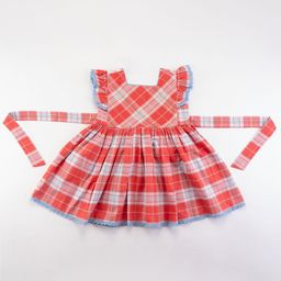Soleilclo Women Red Lace Trims Cotton Frill Sleeves Plaid Dress-image-10