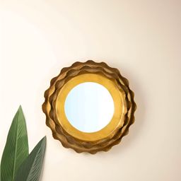 FREEDOM TREE Moon Flower Bloom Gold Toned Round Shaped Metal & Glass Wall Mirror-58