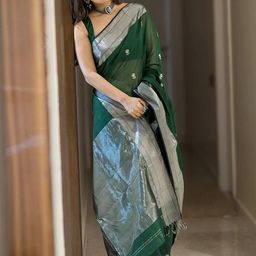 CANBIA Ethnic Motifs Zari Silk Blend Banarasi Saree-image-29