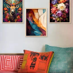 Kotart Brown & Orange 3 Pieces Wooden Floral Painting Wall Arts-picture-1