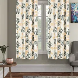 RRC Off White & Grey 2 Pieces Geometric Printed Microfiber Cotton Window Curtain - 5ft-8