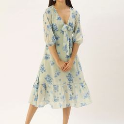 CORSICA Women Floral Printed Puff Sleeves Tie Up Neck Details Georgette A-Line Midi Dress-image-78