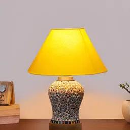 Devansh Yellow Printed Wood Frusturical Shaped Table Lamp-0