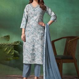 Sangria Floral Embroidered V-Neck Pure Cotton Straight Kurta With Trousers And Dupatta-image-38