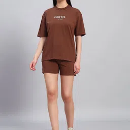 GRIFFEL Printed Oversized-Fit Pure Cotton T-Shirt & Shorts Co-Ord Set-image-97