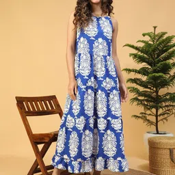 Oxolloxo Women Tropical Print Round Neck Shoulder Strap Long Flare Maxi Dress-image-40