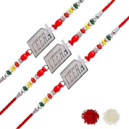 MEIRA JEWELLERY Set Of 3 Veera Design Beaded Rakhis With Greeting Card & Roli Chawal-image-98