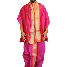 Exotic India Art Silk Ready to Wear Dhoti and Veshti Set with Woven Golden Border-picture-25