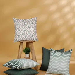 Myntra Elegant Homes Olive Green & White 5 Pieces Geometric Printed Square Cushion Covers-31