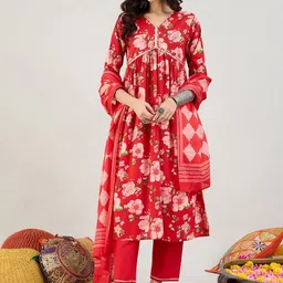 Indo Era Women Floral Printed Empire Gotta Patti Pure Cotton Kurta with Trousers & With Dupatta-image-16