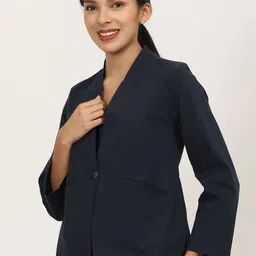 Saltpetre Women Navy No lapel Shawl Collar Cotton Blazer-picture-15