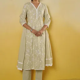 Anouk Floral Printed V Neck Pure Cotton Straight Kurta With Trousers & Dupatta-picture-17