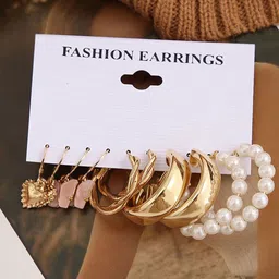 GOLDIWALA Set Of 5 Gold-Plated Pearls Beaded Quirky Shape Drop Earrings-picture-11