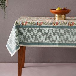 JAYPORE White & Green Floral Printed Cotton 4-Seater Rectangle Table Cover-33