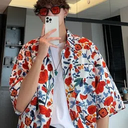 KPOP Men Original Oversized Regular Fit Floral Printed Spread Collar Cotton Casual Shirt-picture-9