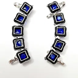 Yash Jewels Emporiums Silver-Plated Stones Studded Oxidized Square Shaped Earcuff-76