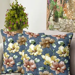 Blue Grass Blue & White Set of 2 Floral Velvet Square Cushion Covers-picture-10