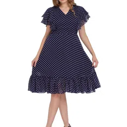 Warsian Women Polka Dot Printed Flared Sleeve Georgette Fit & Flare Dress-picture-24