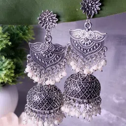 HOPMEE Silver-Plated Artificial Beaded Dome Shaped Oxidised Jhumkas-22
