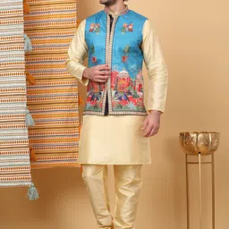 KRAFT INDIA LUXE Mandarin Collar Straight Kurta with Churidar & Ethnic Motifs Nehru Jacket-picture-58