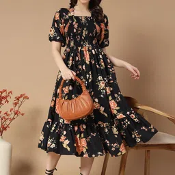 ZWERLON Floral Print Puff Sleeve A-Line Midi Dress-picture-54