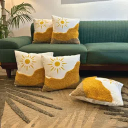 LUSHLYF White & Yellow Set of 5 Embroidered Square Cushion Covers-27