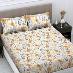 Myntra Elegant Homes Beige & Orange Floral 300 TC King Bedsheet Set 2.50 m x 2.25 m-image-95